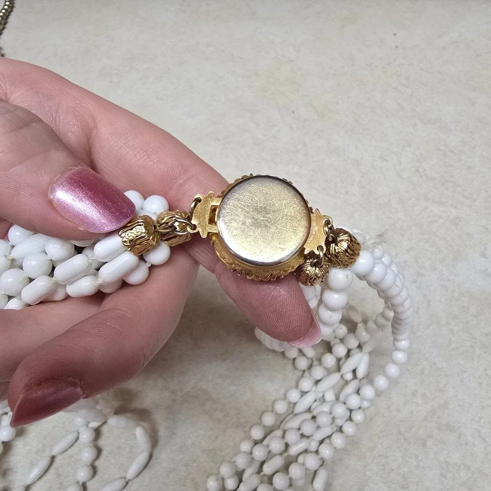 Vintage Milk Glass Multi Strand Necklace White Beaded 5 Row‎ Statement Gold Tone